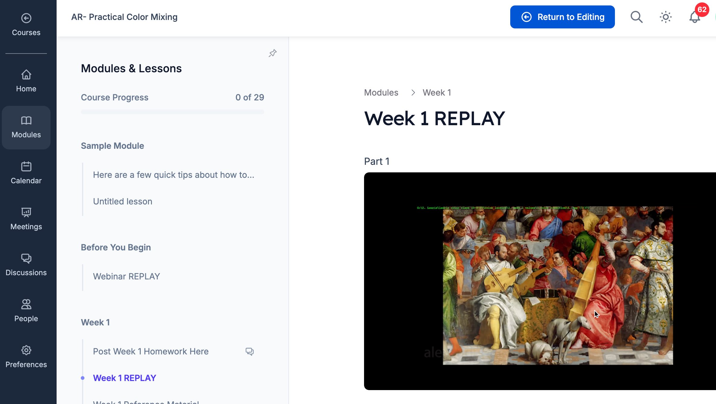 Alexander Art Painting Academy on Ruzuku — course modules, lessons, and video player