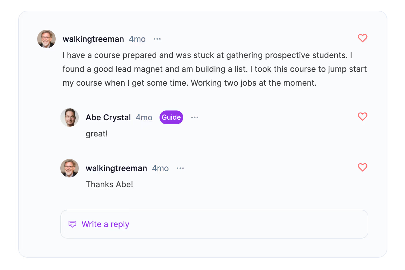 Ruzuku discussion forum showing student interactions and community building